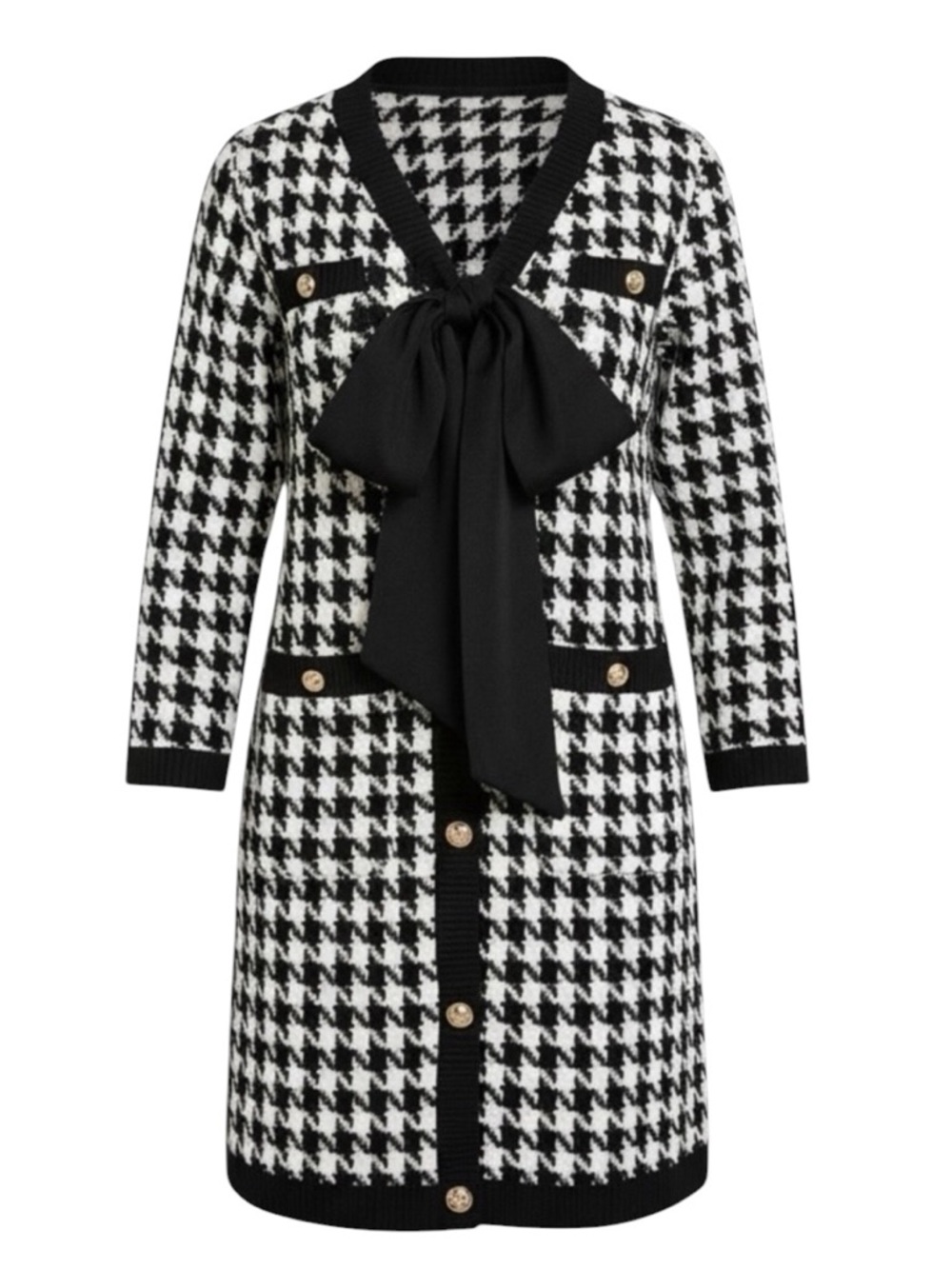 Pomander Place Coco Tweed Bow Dress Black White Houndstooth XXL
